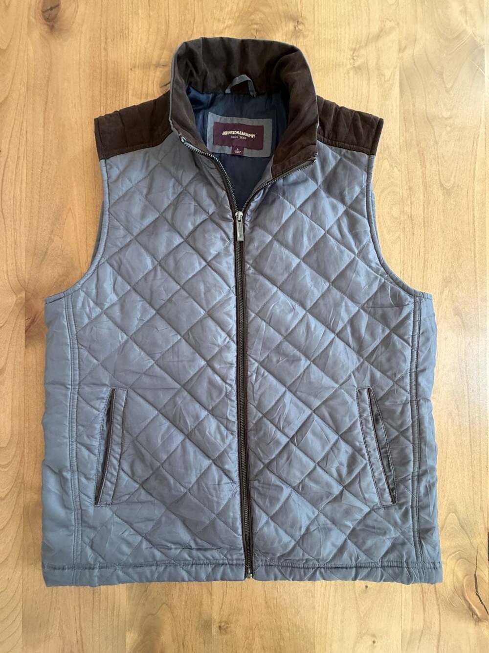 Johnston & Murphy Quilted Vest Size L Blue Suede Trim Full Zip Large
